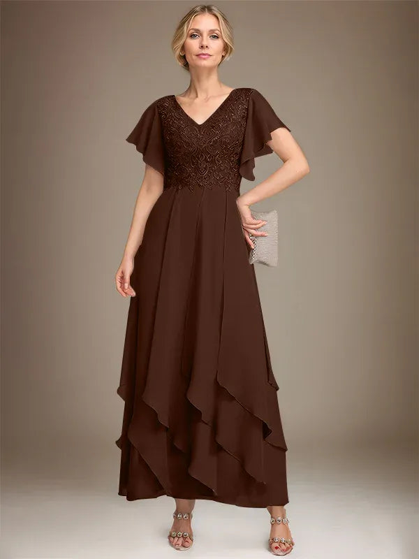 Robe de mère de la mariée trapèze, col en V, longueur cheville, en mousseline de soie et dentelle, avec volants en cascade 