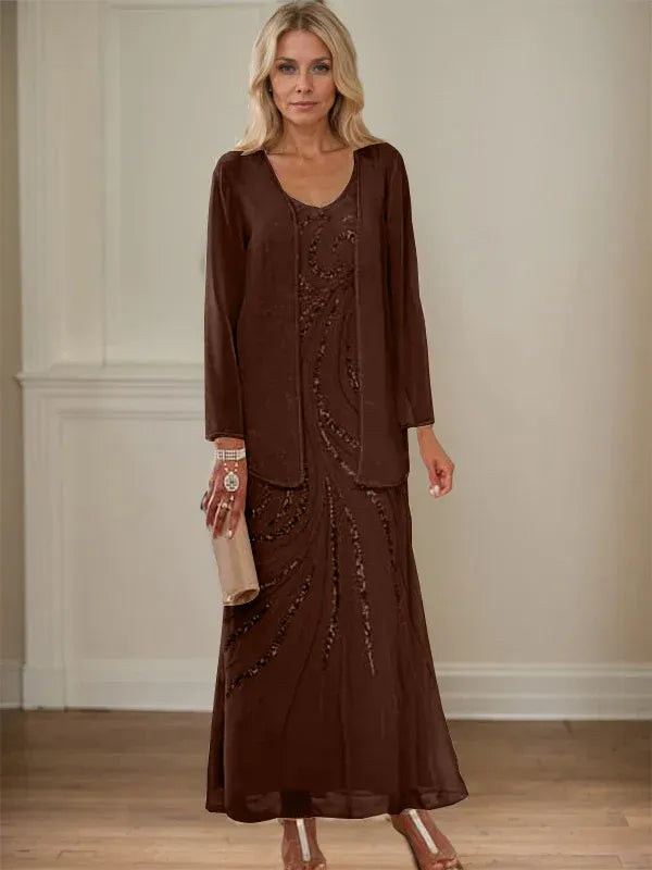 Robe de mère de la mariée fourreau/colonne, col en V, longueur cheville, avec veste et paillettes 