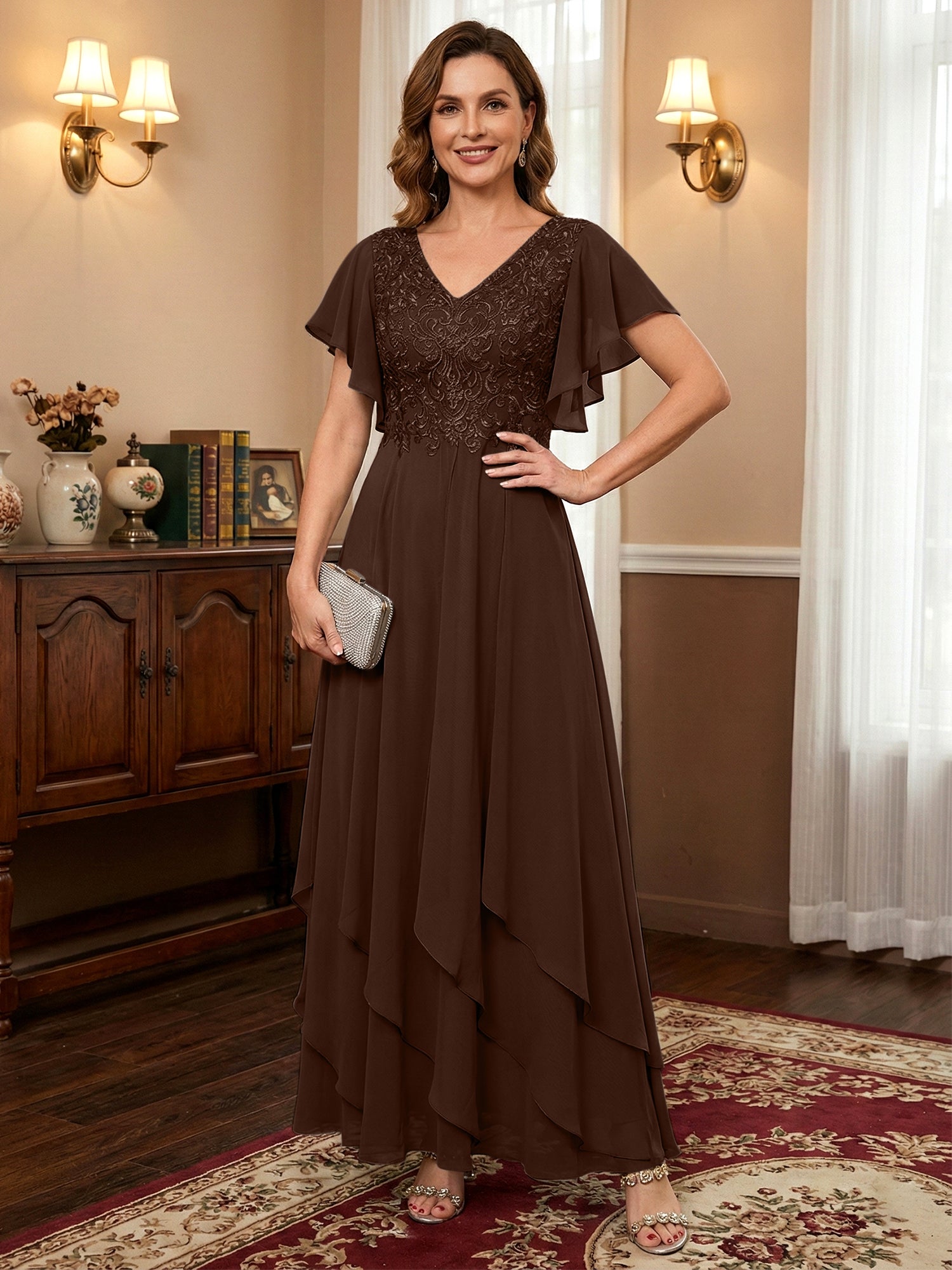 A-line V-Neck Ankle-Length Lace Chiffon Mother of the Bride Dress With Cascading Ruffles
