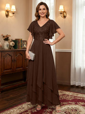 A-line V-Neck Ankle-Length Lace Chiffon Mother of the Bride Dress With Cascading Ruffles
