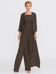 Ensemble 3 pièces en mousseline de soie avec col carré et veste pour mère de la mariée 