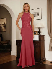 Dusty Blue Sheath Halter Long Mother of Bride Dress With Appliques