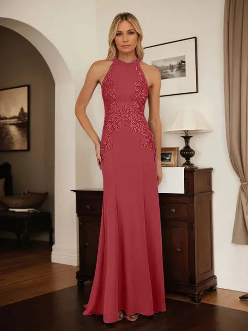 Dusty Blue Sheath Halter Long Mother of Bride Dress With Appliques