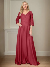 A Line Chiffon V Neck 3/4 Sleeves Floor-Length Mother Of The Bride Dress With Appliques