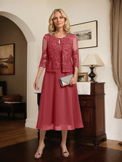 A-line Scoop Tea-Length Lace Chiffon Mother of the Bride Dress With Sequins