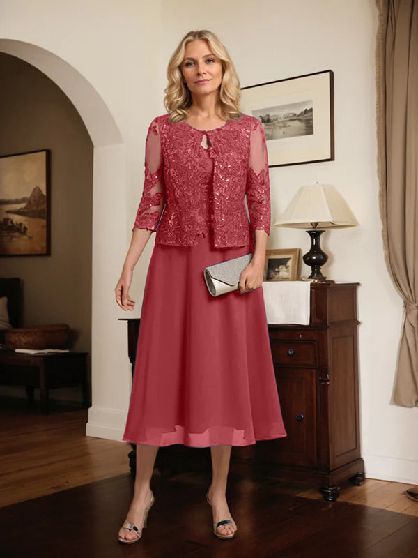 A-line Scoop Tea-Length Lace Chiffon Mother of the Bride Dress With Sequins