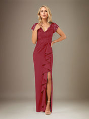 Sheath/Column V Neck Short Sleeve Floor Length Chiffon Dress With Cascading Ruffles