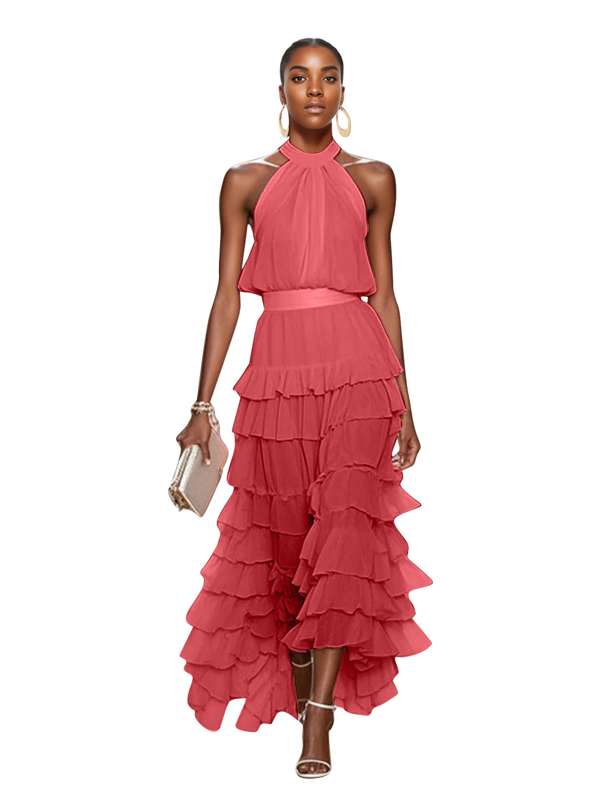 A Line Pink Chiffon Halter Neck Sleeveless Ankle Length Dress With Cascading Ruffles