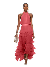 Dreamylily Women A Line Pink Chiffon Halter Neck Sleeveless Ankle Length Dress With Cascading Ruffles Dreamylily Women A Line Pink Chiffon Halter Neck Sleeveless Ankle Length Dress With Cascading Ruffles