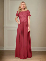 A Line Chiffon Boat Neck Short Sleeves Floor Length Pleated Mother of the Bride Dresses