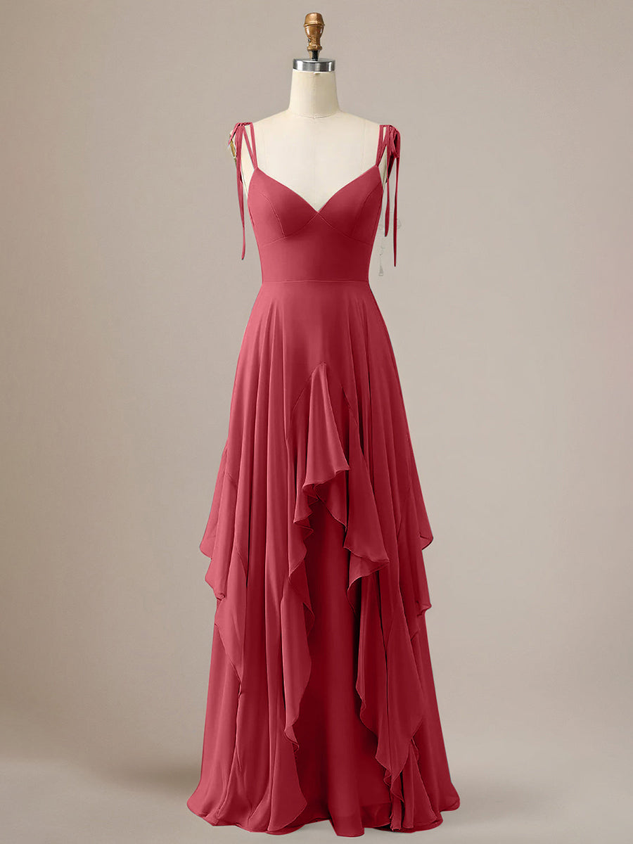 Elegant Dusty Blue A Line Spaghetti Straps Chiffon Long Bridesmaid Dress with Ruffles