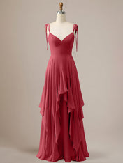 Elegant Dusty Blue A Line Spaghetti Straps Chiffon Long Bridesmaid Dress with Ruffles