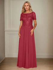 A Line Chiffon Boat Neck Short Sleeves Floor Length Mother of the Bride Dresses