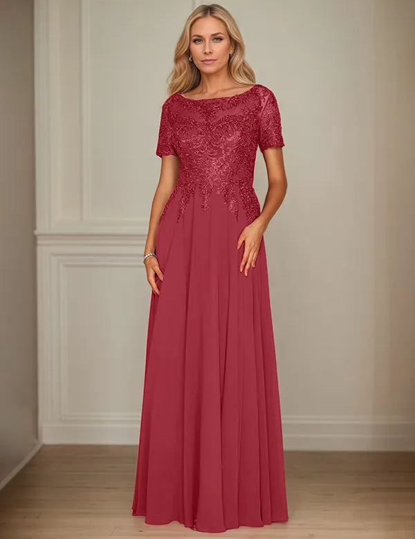 A Line Chiffon Boat Neck Short Sleeves Floor Length Mother of the Bride Dresses
