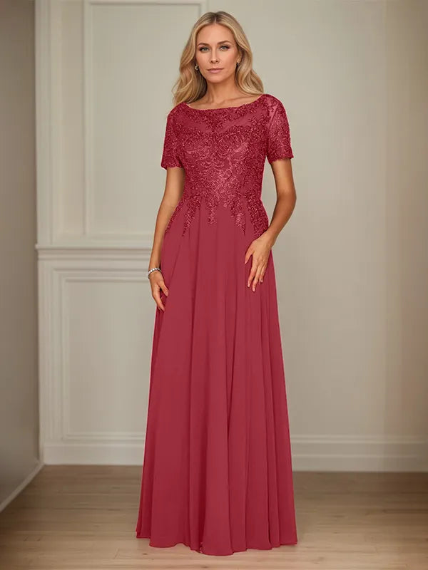 A Line Chiffon Boat Neck Short Sleeves Floor Length Mother of the Bride Dresses