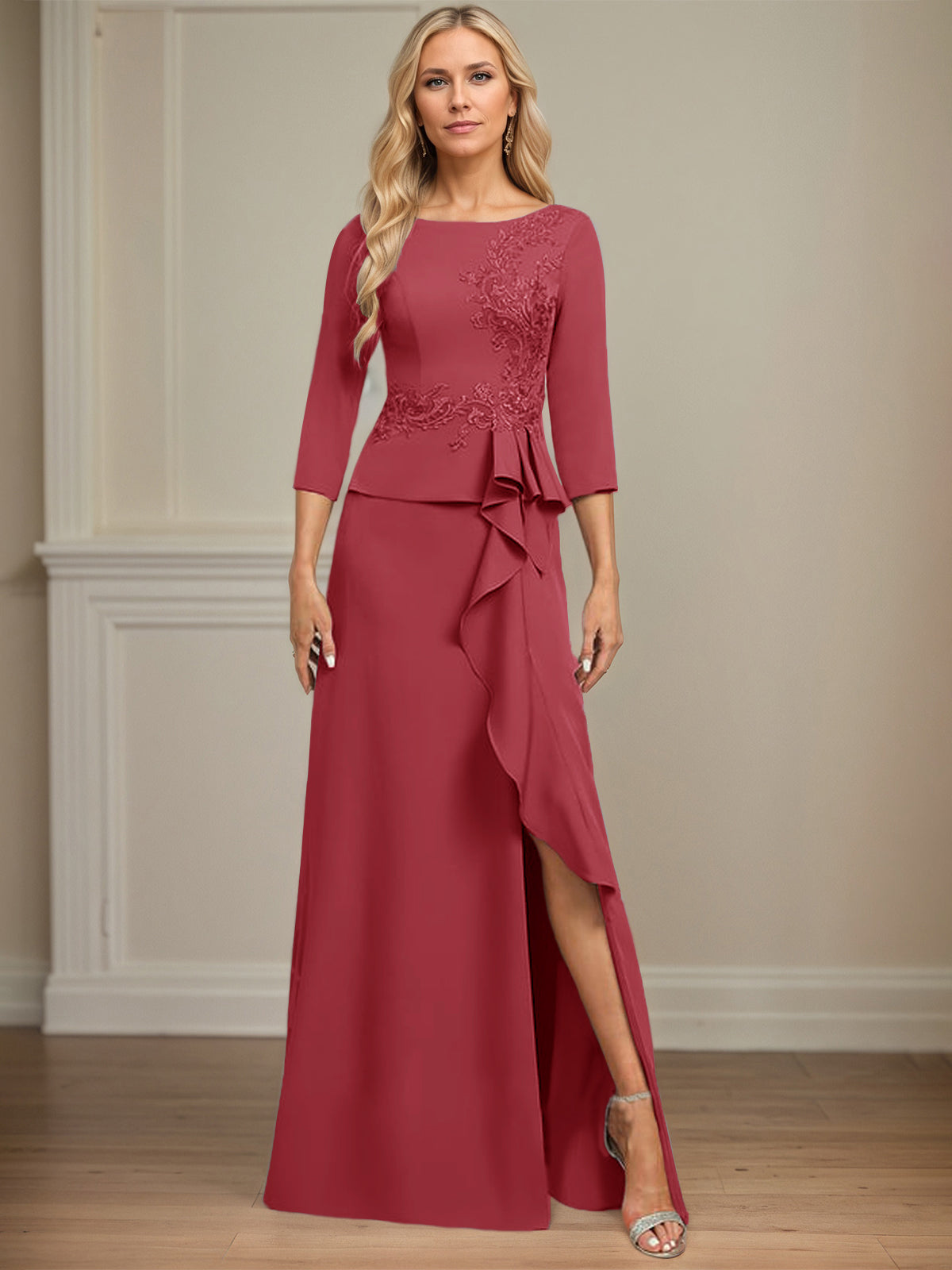 Column Scoop Floor-Length Stretch Crepe Dress With Cascading Ruffles Appliques