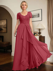 A-line Sweetheart Floor-Length Chiffon Lace Mother of the Bride Dress With Beading Cascading Ruffles