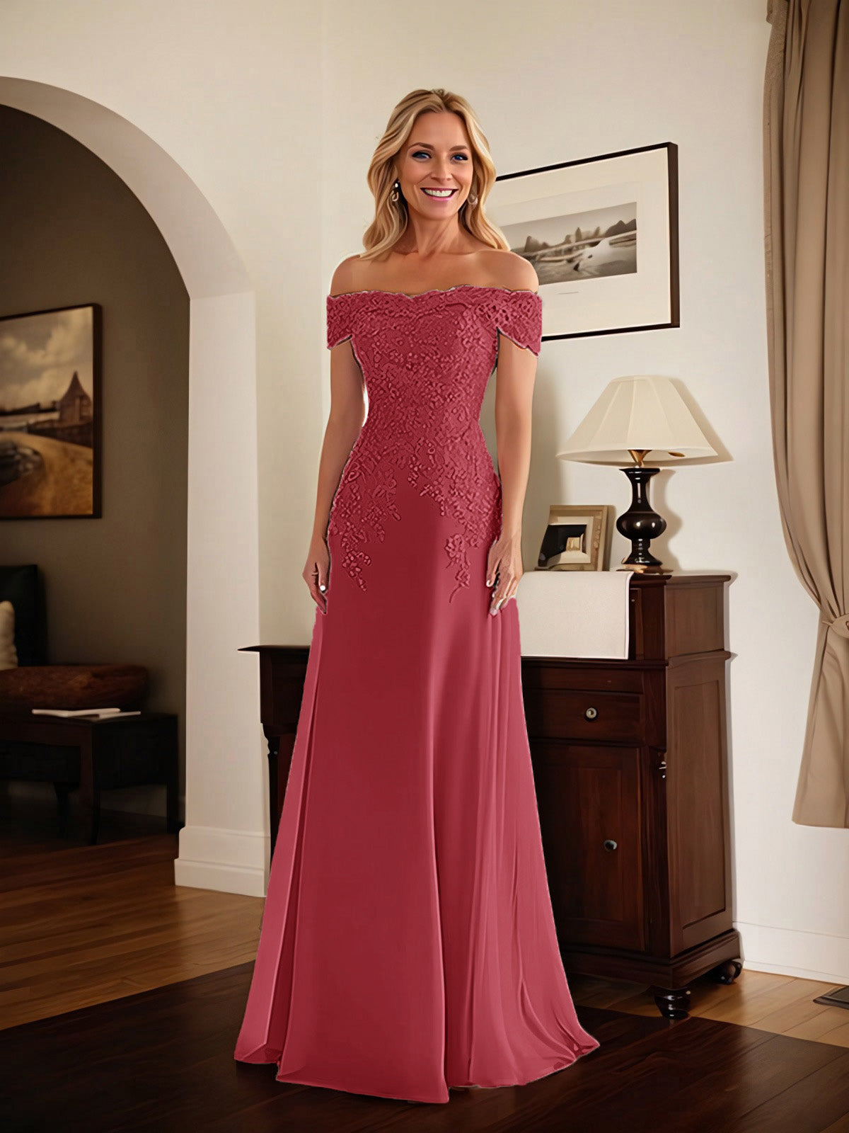 Elegant Taupe Off The Shoulder Sheath Mother of the Bride Dress with Lace