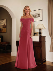 Elegant Taupe Off The Shoulder Sheath Mother of the Bride Dress with Lace