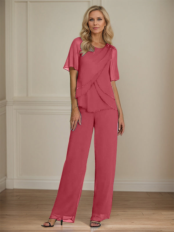  Pantsuit Crew Neck Floor Length Chiffon Mother of the Bride Dress
