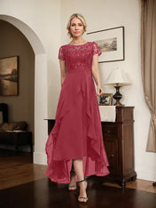 A-line Scoop Illusion Asymmetrical Chiffon Lace Mother of the Bride Dress With Bow Ruffle Sequins