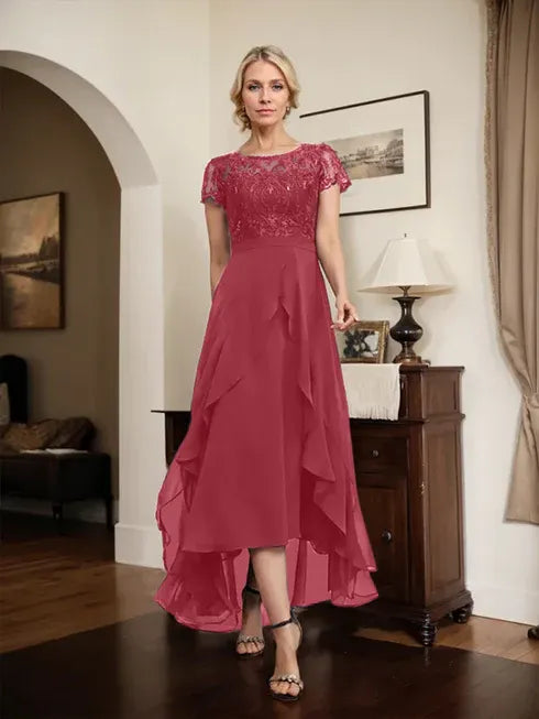 A-line Scoop Illusion Asymmetrical Chiffon Lace Mother of the Bride Dress With Bow Ruffle Sequins