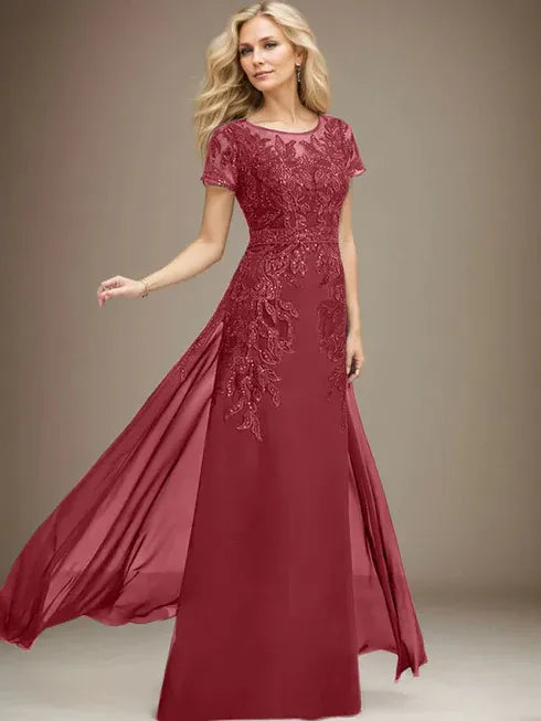 Column Scoop Illusion Floor-Length Lace Chiffon Mother of the Bride Dress With Sequins