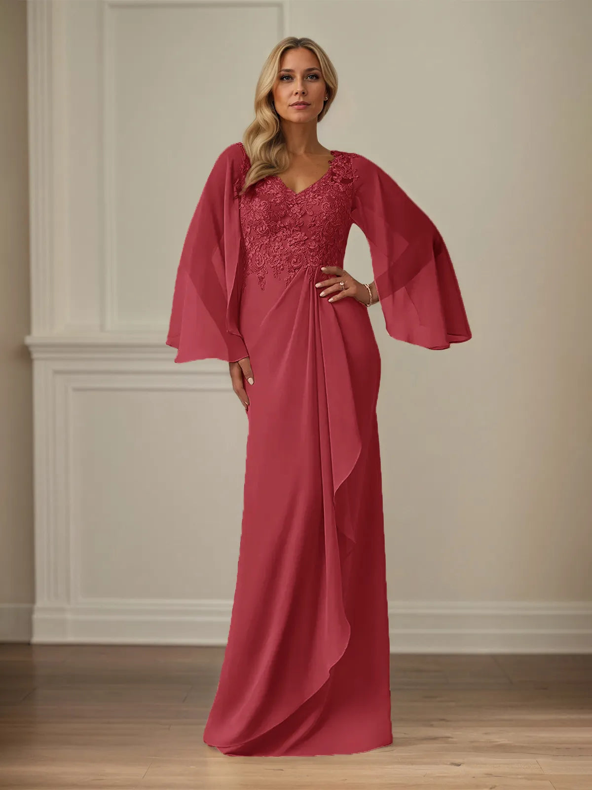 Column Chiffon V Neck Long Sleeves Floor Length Mother of the Bride Dresses With Appliques