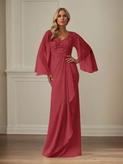 Sheath/Column Chiffon V Neck Long Sleeves Floor Length Mother of the Bride Dresses With Appliques