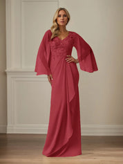 Sheath/Column Chiffon V Neck Long Sleeves Floor Length Mother of the Bride Dresses With Appliques