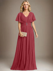A-line V-Neck Floor-Length Chiffon Mother of the Bride Dress With Crystal Brooch Pleated