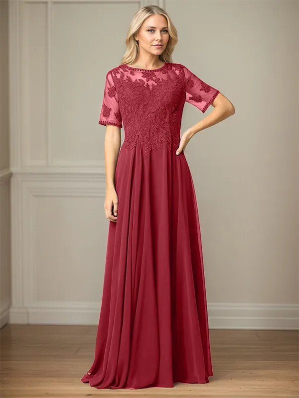 A Line Chiffon Scoop Neck Short Sleeves Floor Length Mother of the Bride Dresses