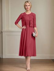A-line Scoop Tea-Length Chiffon Mother of the Bride Dress With Pleated