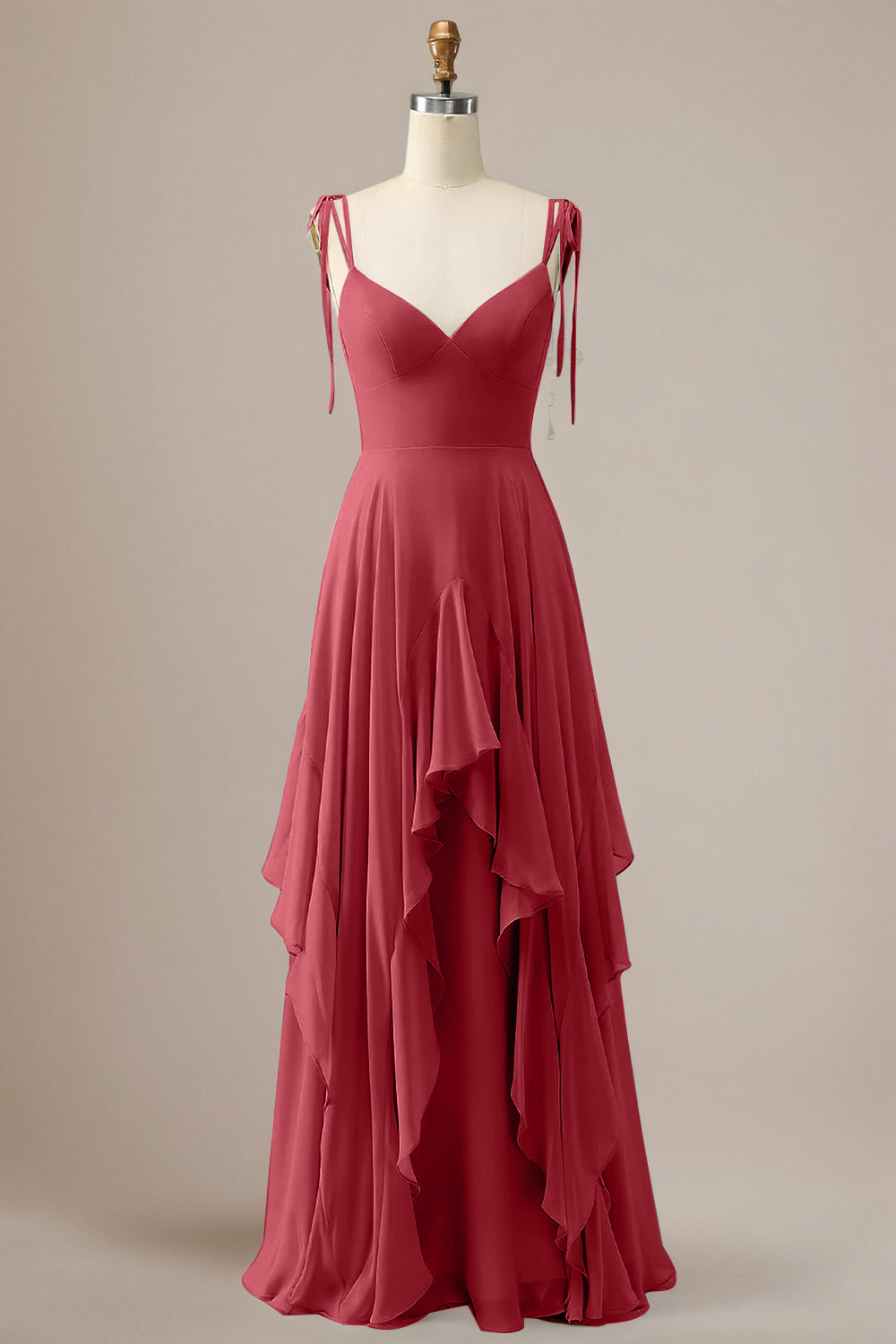 Elegant Dusty Blue A Line Spaghetti Straps Chiffon Long Bridesmaid Dress with Ruffles