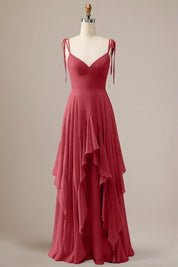 Elegant Dusty Blue A Line Spaghetti Straps Chiffon Long Bridesmaid Dress with Ruffles