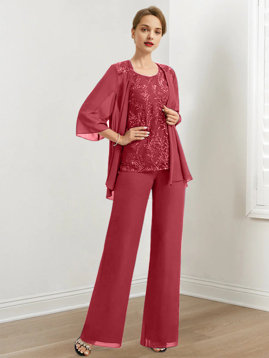 Chiffon Mother of the Bride Pantsuits with Sequins & Jacket