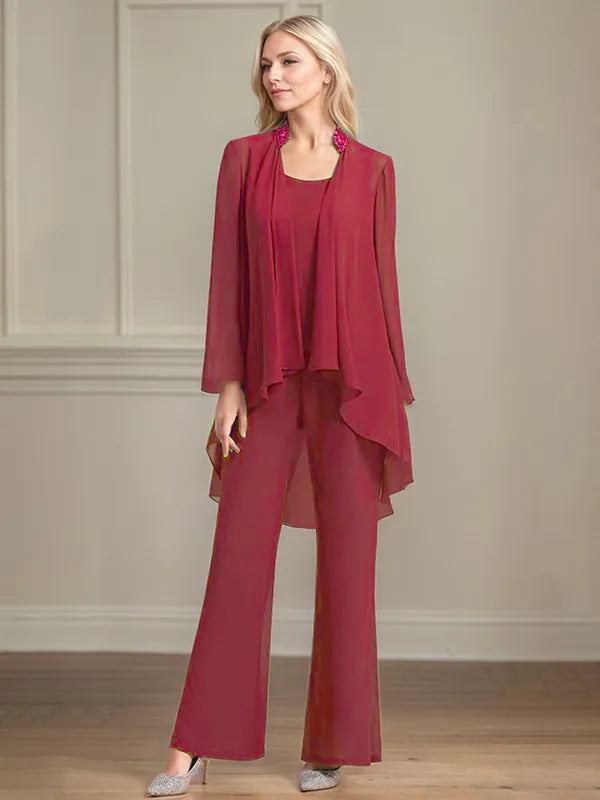 Chiffon Scoop Neck Long Sleeves Floor Length Mother Of The Bride Pantsuits