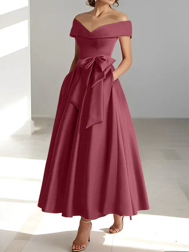 Princess Off-the-Shoulder Sleeveless Ankle-Length Mother of the Bride Dresses with Pockets