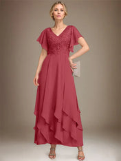 A-line V-Neck Ankle-Length Lace Chiffon Mother of the Bride Dress With Cascading Ruffles