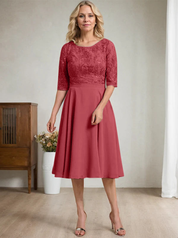 A-line Scoop Knee-Length Lace Chiffon Mother of the Bride Dress