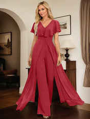 Jumpsuit/Pantsuit V-Neck Floor-Length Chiffon Evening Dress