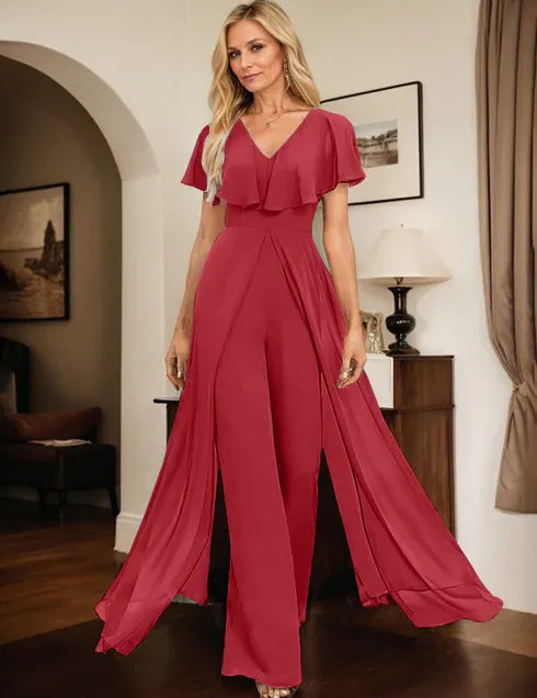 Pantsuit V-Neck Floor-Length Chiffon Evening Dress