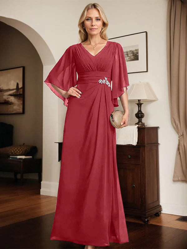 Column V-Neck Floor-Length Chiffon Mother of the Bride Dress With Pleated Sequins Beading
