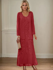 Sheath/Column V-Neck Ankle-Length Mother of the Bride Dresses with Jacket & Sequins