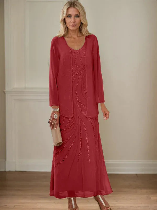 Robe de mère de la mariée fourreau/colonne, col en V, longueur cheville, avec veste et paillettes 