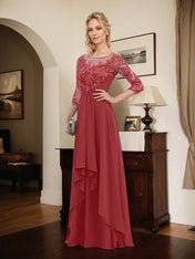 A-line Scoop Illusion Floor-Length Lace Chiffon Mother of the Bride Dress With Cascading Ruffles