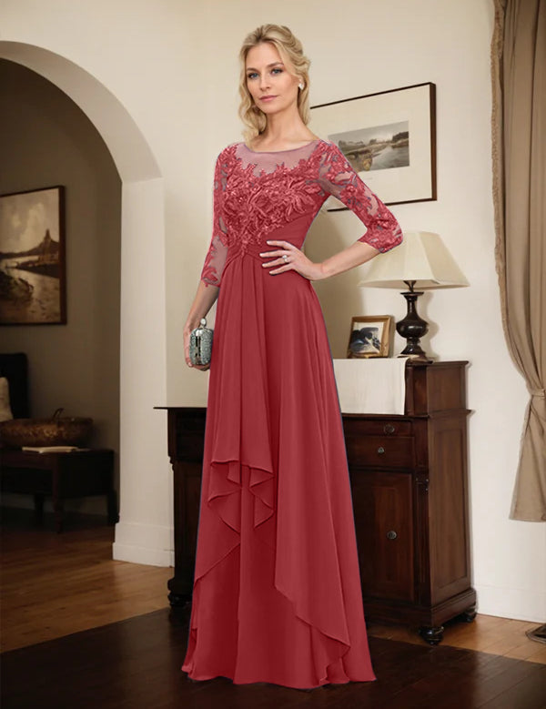 Robe de mère de la mariée trapèze en mousseline de soie et dentelle, longueur au sol, avec volants en cascade 