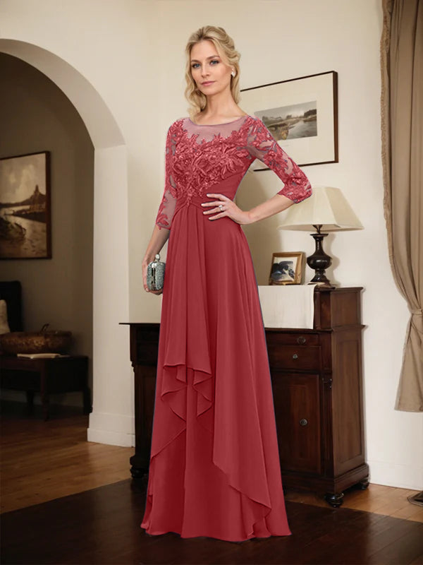 A-line Scoop Illusion Floor-Length Lace Chiffon Mother of the Bride Dress With Cascading Ruffles