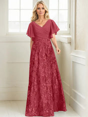 A-line V-Neck Floor-Length Lace Sequin Chiffon Mother of the Bride Dress With Pleated