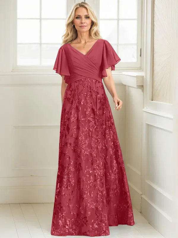 Robe de mère de la mariée trapèze, col en V, longueur au sol, en mousseline de soie et dentelle à sequins, avec plis 